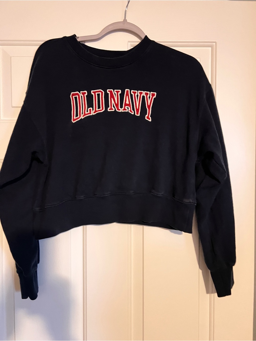 Old Navy, Navy Blue Cropped Crewneck Sweatshirt with Red & White Logo